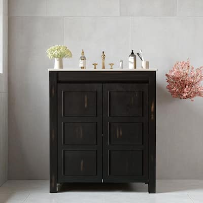 30" Rustic Bathroom Vanity with Ceramic Sink, Soft-Close Doors, Adjustable Shelf & Modern Wood Frame
