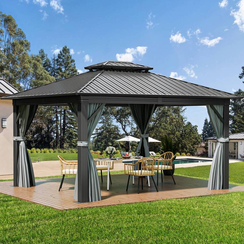 2-Tier Galvanized Aluminum Hardtop Canopy Gazebo with Netting and Curtains
