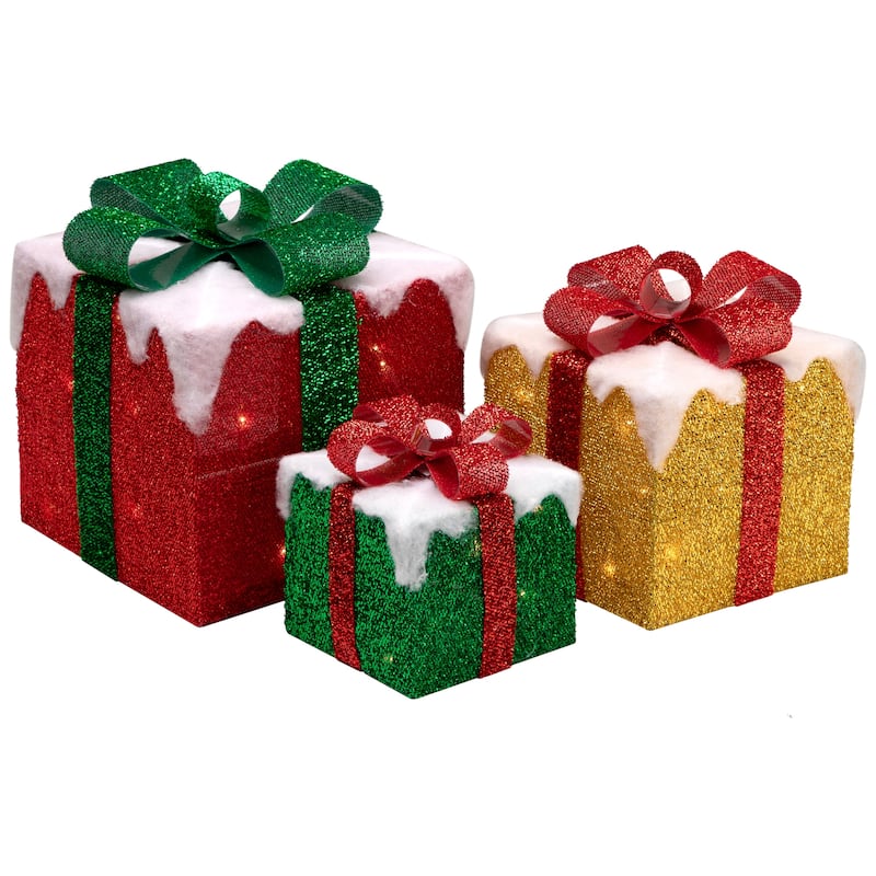 Set of 3 LED Lighted Green Gold and Red Snowy Gift Boxes Outdoor Christmas Decorations - 10"