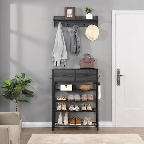 Entryway 4-tier Shoe Shelf with Two Drawers and Coat Rack