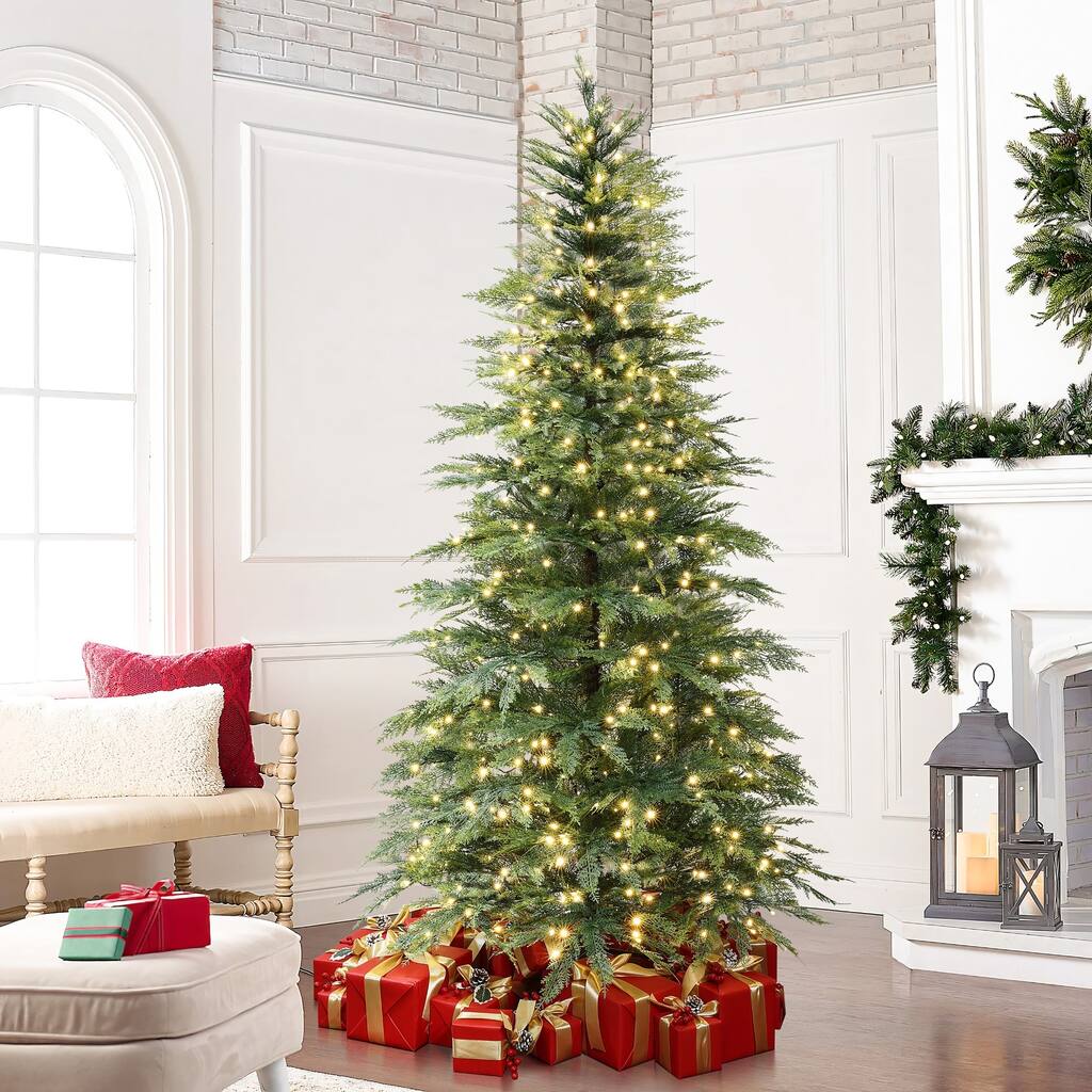Pre-Lit Artificial Cypress Christmas Tree, Hinged, PE, Warm Lights, Realistic Green Holiday Decor - 7.5-Foot