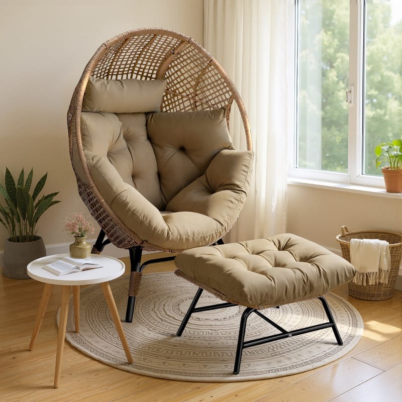 Wicker Egg Chair with Ottoman, 6.5" Cushions, 440 lb Capacity, Indoor/Outdoor Lounge Chair