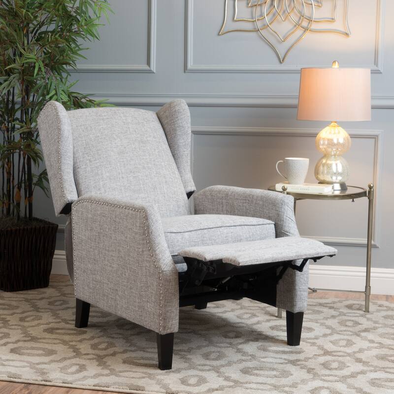 Upholstered Recliner Chair, Fabric Wingback Armchair, Push-Back Recliner with Nailhead Trim, Wood Legs, Classic Recliner Chair