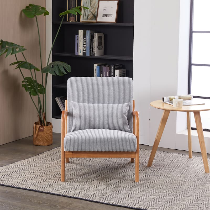 Mid-Century Modern Accent Chair – Upholstered Armchair with Pillow & Solid Wood Frame, Perfect for Living Room, Bedroom. -  Light Gray