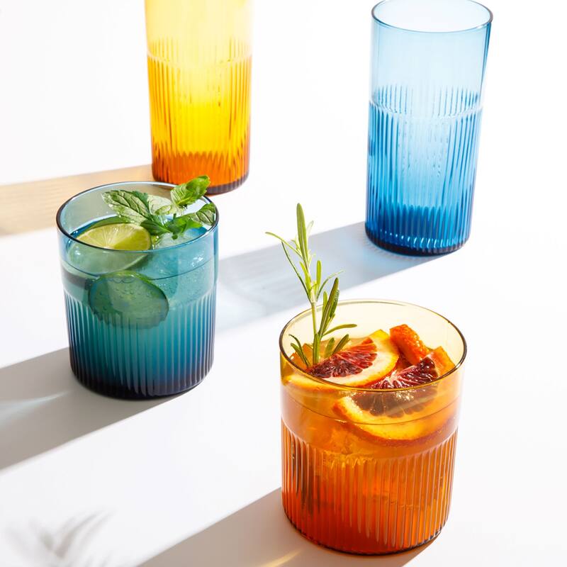 Bloomhouse Lyon Sky 8 Piece Hand Made 16 OZ Colored Glass Couble Old Fashioned Set W/ Coasters