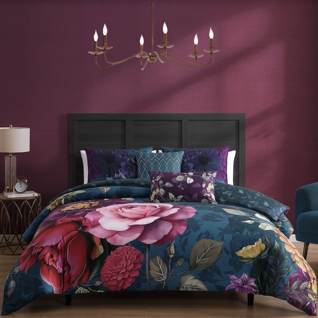 Bebejan Vibrant Flora 100% Cotton Sateen 5 Piece Reversible Comforter Set