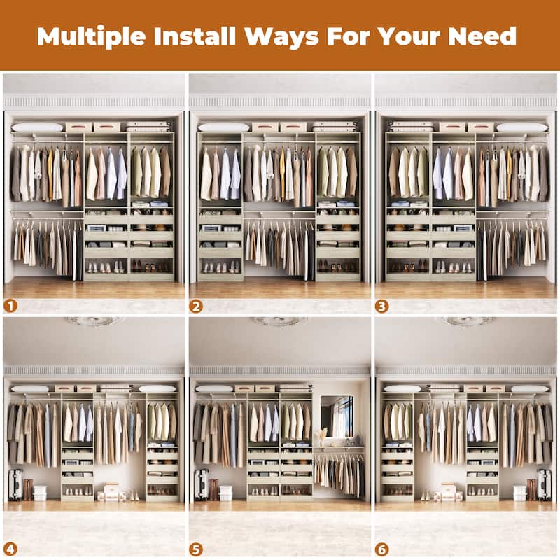 Rackcog 80"-120" W Closet System With 6 Wooden Drawers and 4 Hanging Rods,Sturdy Walk-in Closet Organizer with Storage Shelves