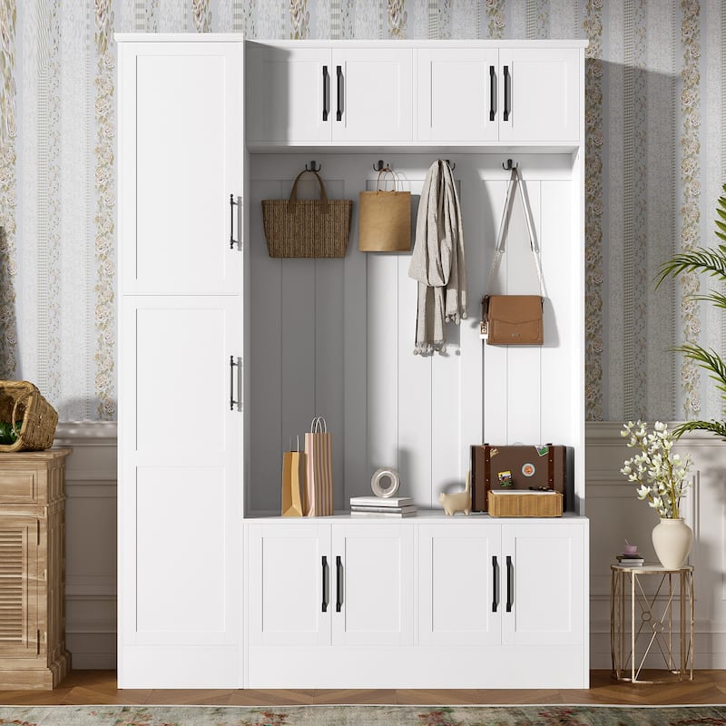 79" Tall Modern Hall Tree with Shoe Storage, 4-in-1 Entryway Bench with 6 Cabinets, 4 Coat Hooks & Adjustable Shelf - White