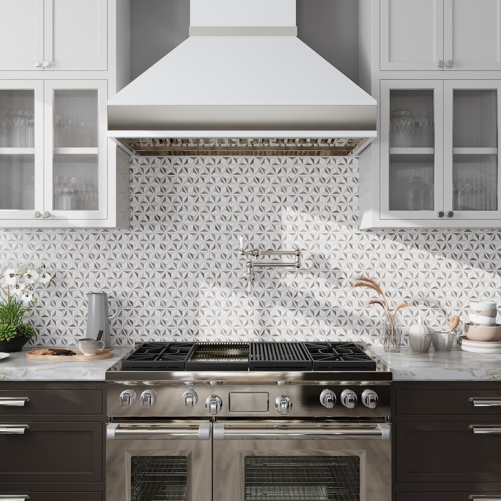 Mirage 12x12 Warm Beige White Marble Mosaic 3D Pyramid Wall and Floor Tile (4.92 sq ft/case) - 5 Pack