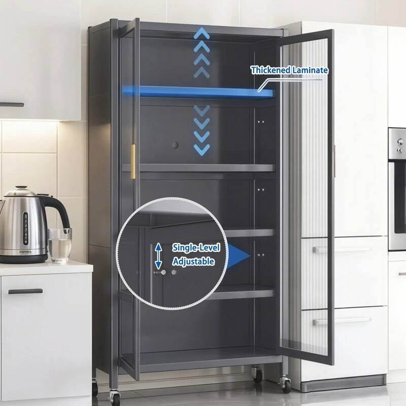 65" Metal Pantry Cabinet - 6-Tier with Wheels & Glass Doors