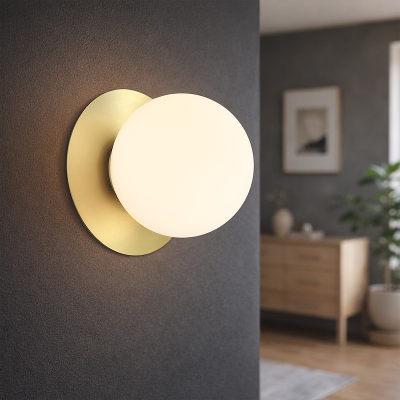 1-Light Brass Wall Sconce with White Glass Shade - 7 in. - 7 in.