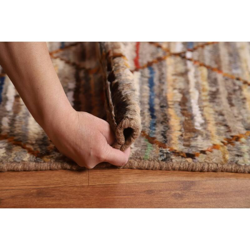 Hand Knotted Oriental 100% Wool Carpet Modern Stripe Multi-Colored Moroccan Area Rug - 9' 9'' X 6' 7''