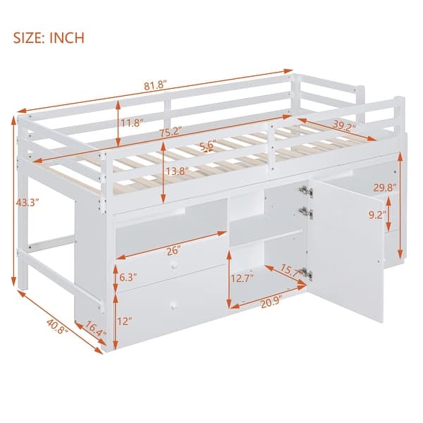 dimension image slide 2 of 3, Twin Size Loft Bed for Kids, Wooden Loft Bed with 4 Storage Drawers, Cabinet, Shelves, Low Loft Bed Frame with Safety Guardrails