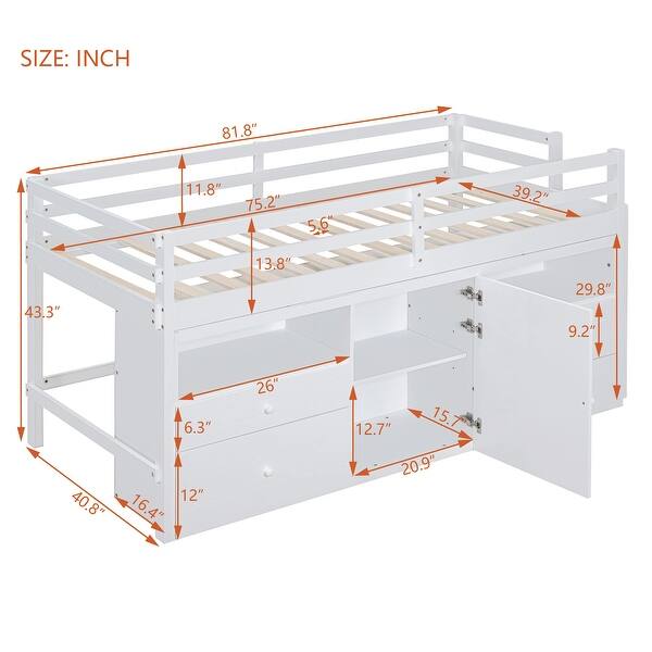 dimension image slide 0 of 3, Twin Size Loft Bed with Drawers, Cabinet and Shelves