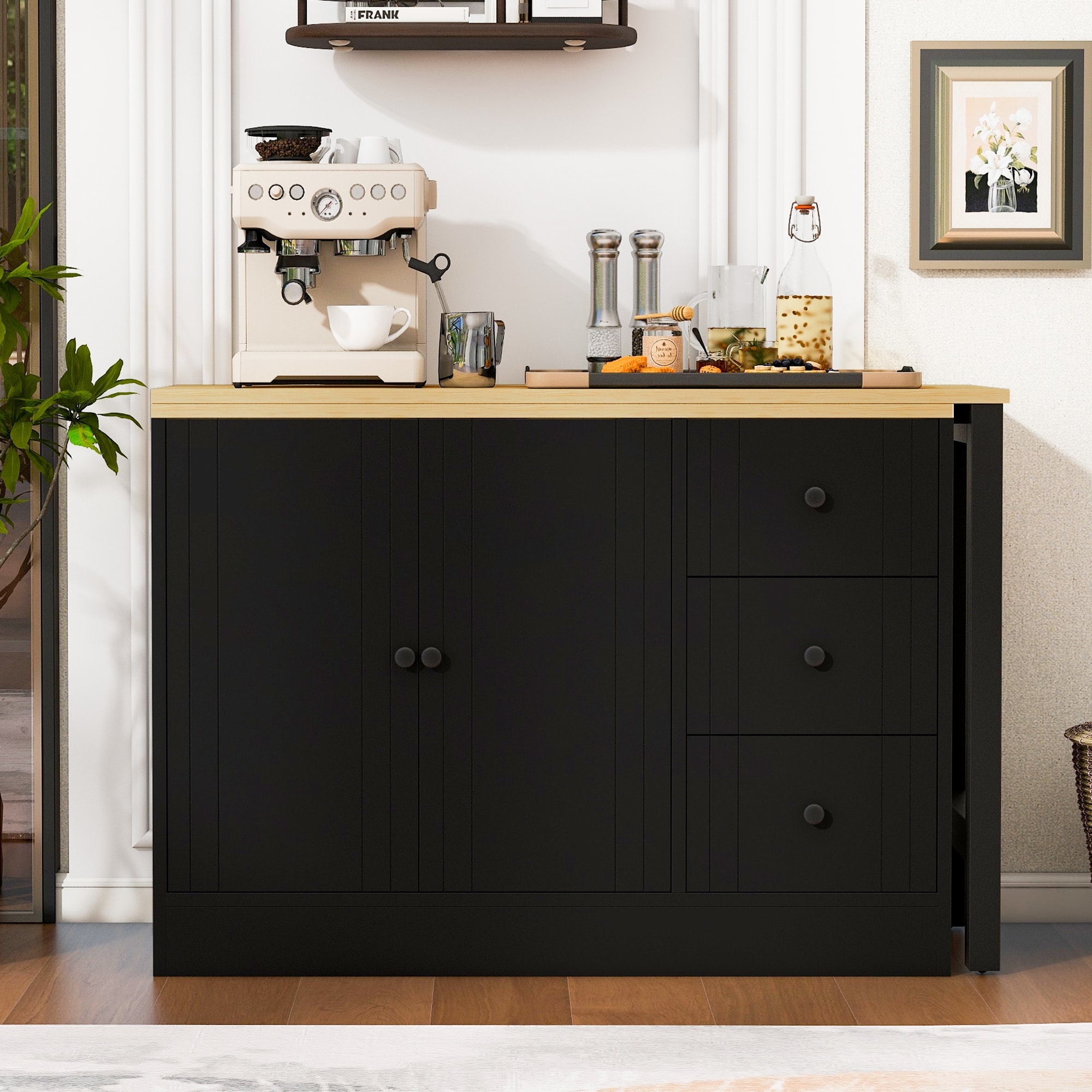 89.7'' Wooden Sideboard – Extendable Table, Multifunctional Storage Cabinet (2 Doors, 3 Drawers), For Living Room/Study/Foyer.