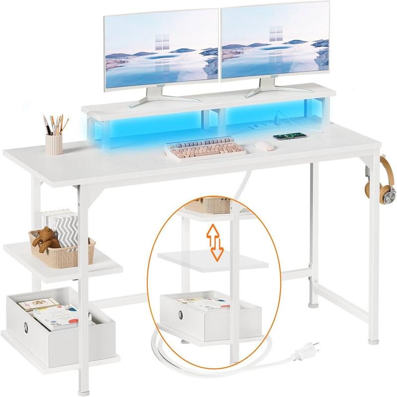 White Desk with Power Outlets and LED Lights