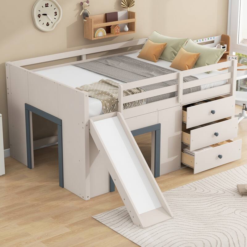 Full Size Low Loft Bed with Slide, Stairs, and Storage by Harper&Bright Designs - Beige+Grey