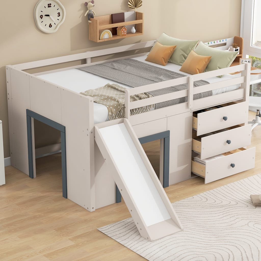 Roomfitters Full Size Low Loft Bed with Slide, 3 Drawers and 2 Cabinet Doors, Beige and Gray