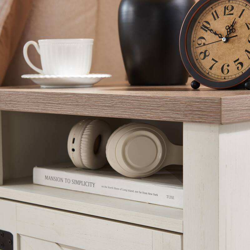 Beside Table End Table Side Table with Barn Door, Nightstand Filing Cabinet Lamp Table Storage Cabinet