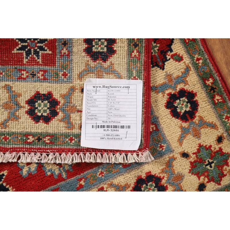 Red Kazak Oriental Foyer Rug Hand-Knotted Traditional Wool Carpet - 2'0" x 3'0"