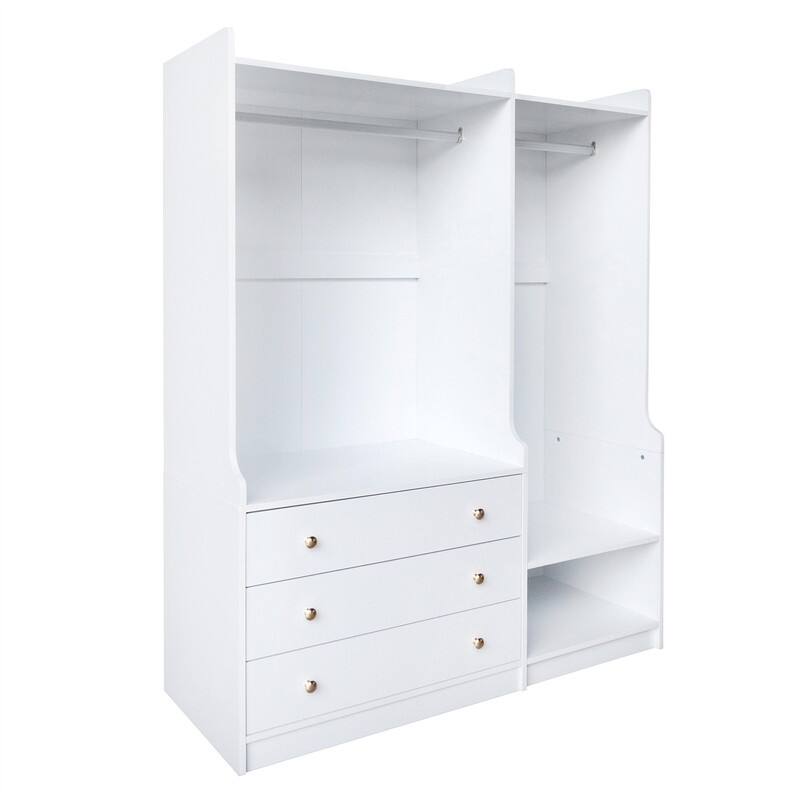 Open Style Wardrobe Closet with 3 Large Storage Drawers and Hanging Rods, Modern Armoire Clothing Organizer with Storage Shelves