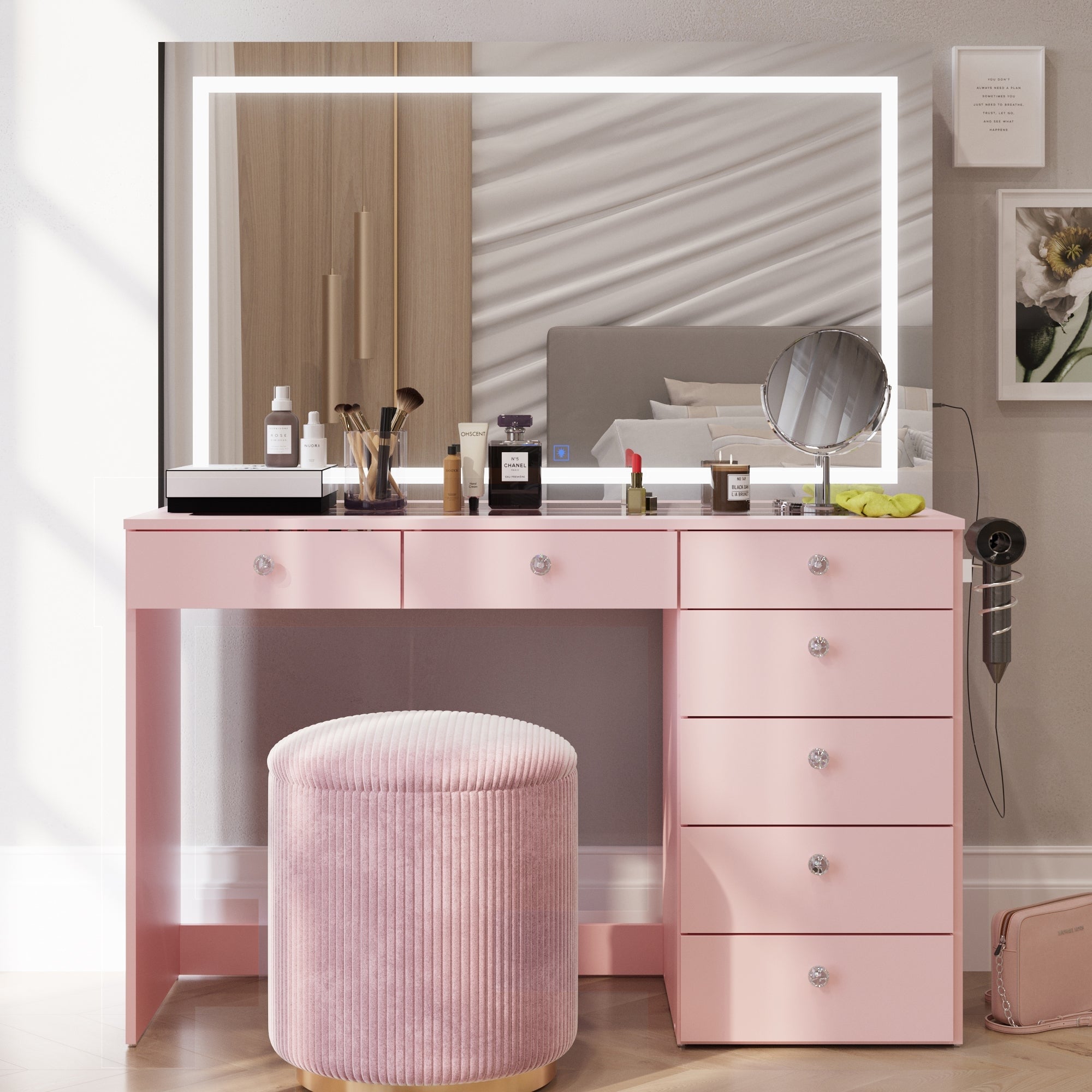 Boahaus Makeup Vanity Desk with LED Mirror & Bluetooth Speakers