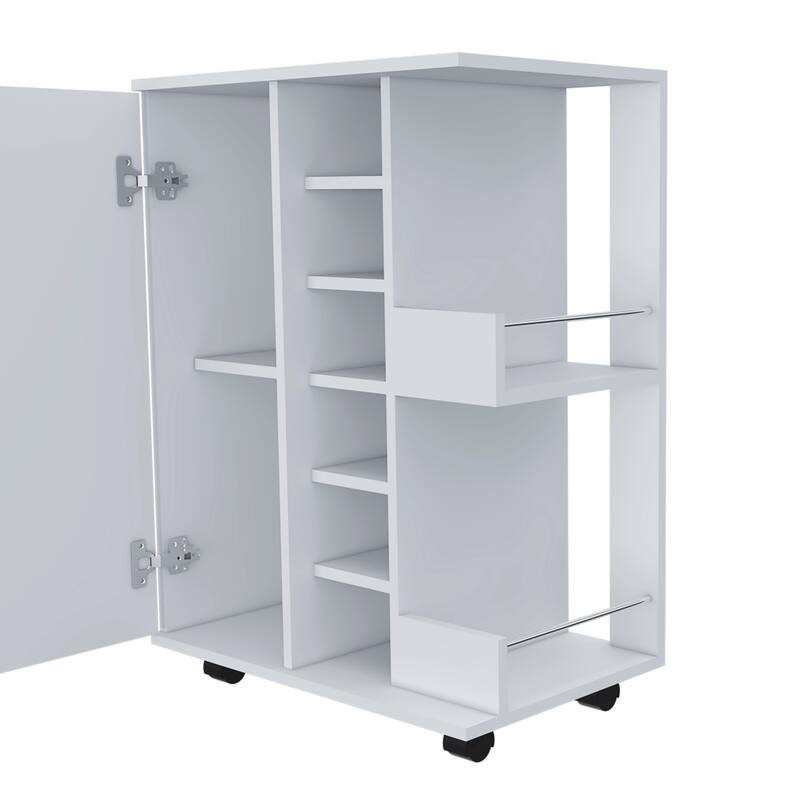 Bar Cart, Four Casters, Six Wine Cubbies, Single Door Cabinet