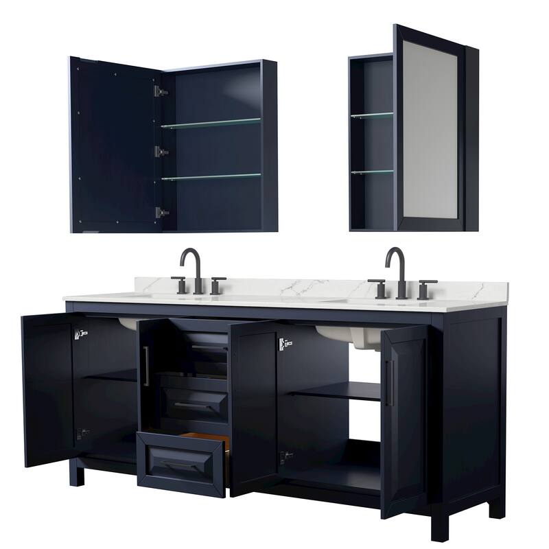 Daria 80-inch Double Vanity, 3 Hole Quartz Top, Med Cabinets