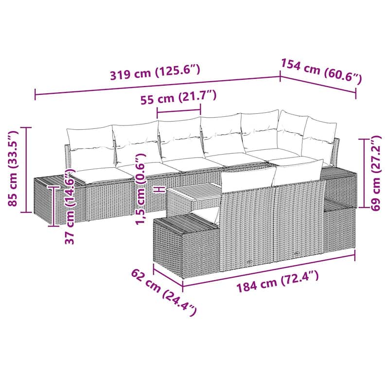 vidaXL 9 Garden Sofa Set with Cushions Black/Grey Poly Rattan - 125.6 x 60.6 x 27.2