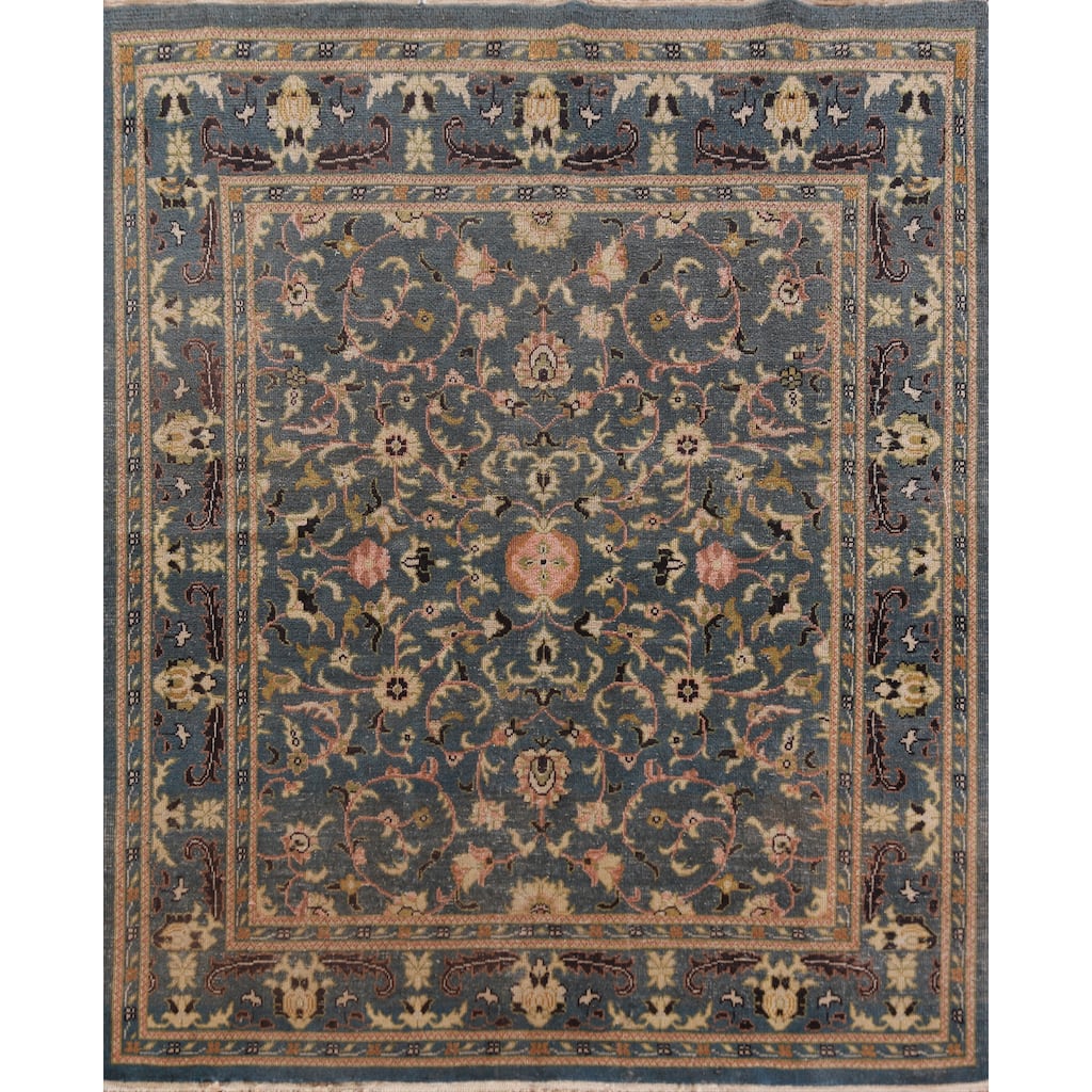 Floral Blue Oushak Vegetable Dye Square Rug Hand-Knotted Wool Carpet - 5'2" x 5'5"
