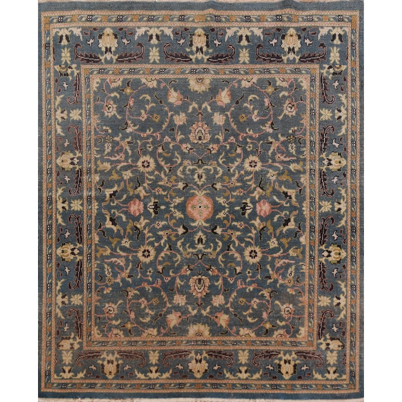 Floral Blue Oushak Vegetable Dye Square Rug Hand-Knotted Wool Carpet - 5'2" x 5'5"