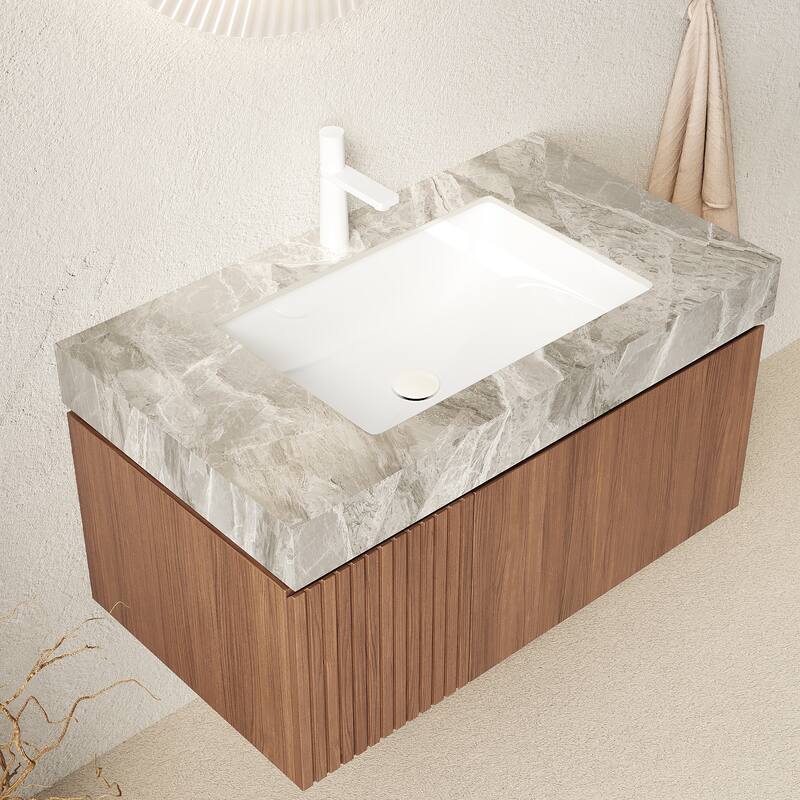 GDFStudio - Muri 36" Floating Bathroom Vanity with Light Gray Sintered Stone Countertop & Basin, WITHOUT Faucet