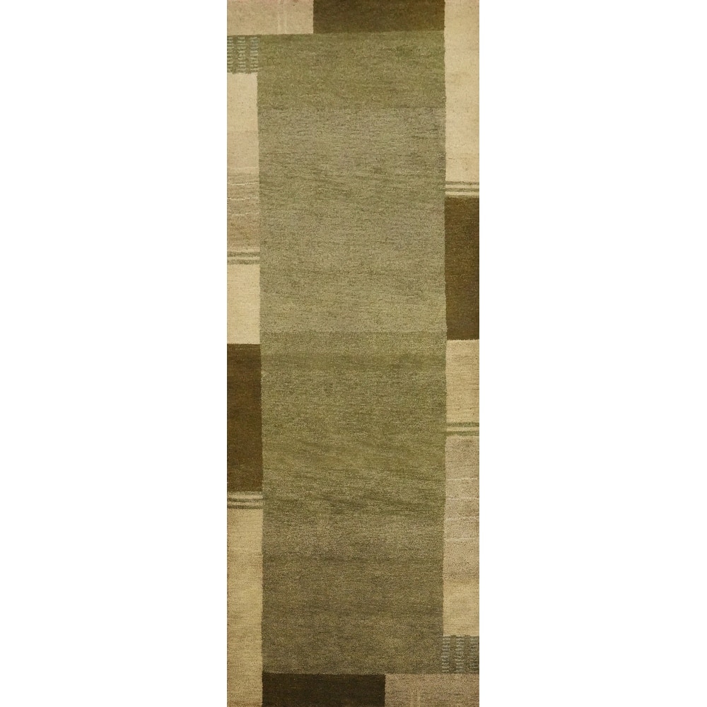Hand Knotted Oriental 100% Wool Carpet Modern Solid Green Gabbeh Runner Rug - 9' 10'' X 2' 10''