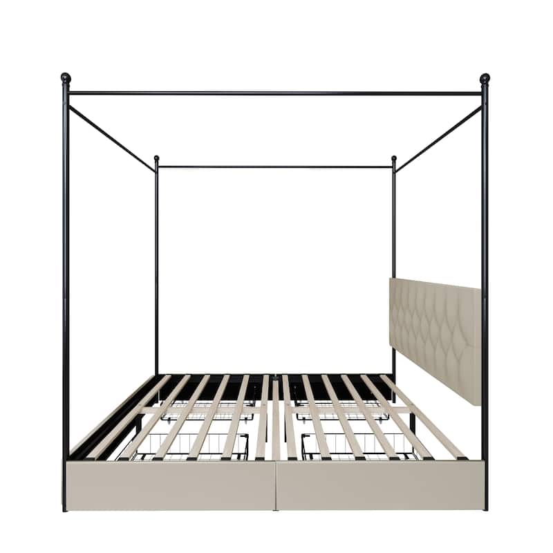 Clayfell Harlan Queen Upholstered Metal Storage Canopy Bed, Beige