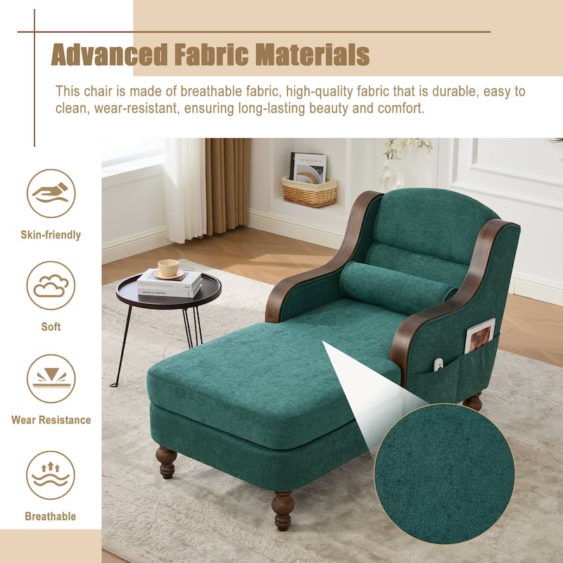 Ergonomic Chaise Lounge Indoor Chenille Single Lazy Sleeper Sofa Bed with Side Pockets, Solid Wood Armrests and Foots