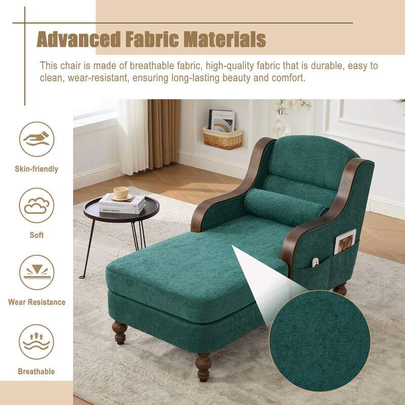 HOMEFUN Chenille Upholstered Wood Frame Oversized Chaise Lounge Single Sofa Bed with Side Pocket for Living Room,Bedroom