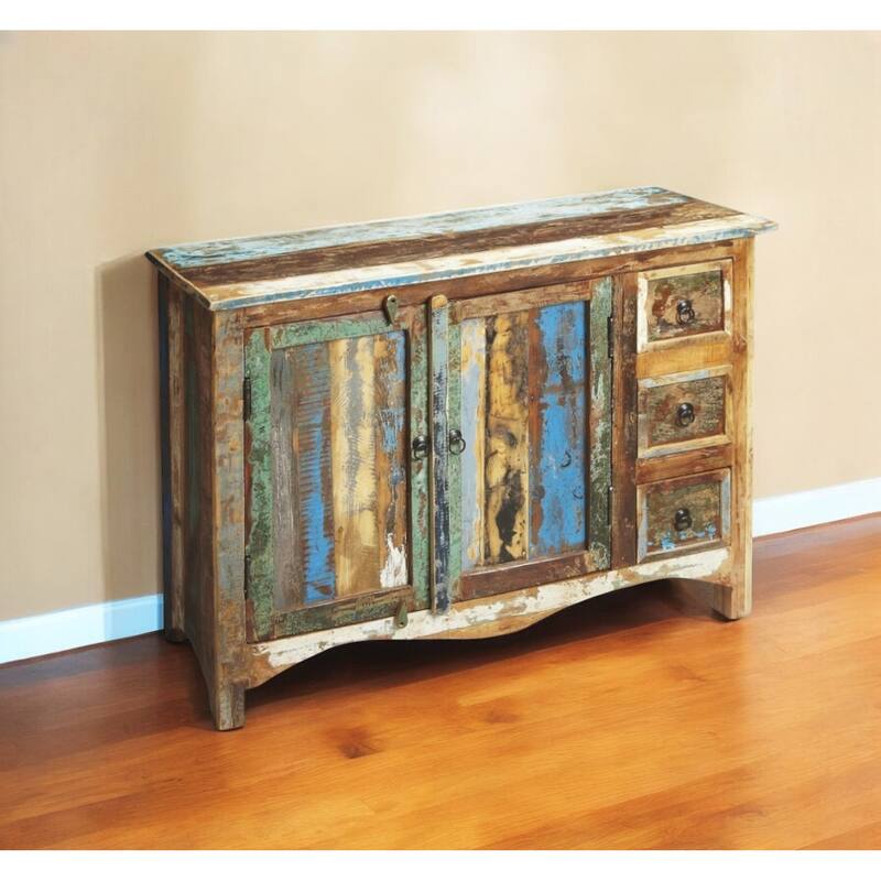 HomeRoots 44" Brown Green and Gray Solid Wood Three Drawer Sideboard with Two Doors - 43.5' X '33' X '15.75