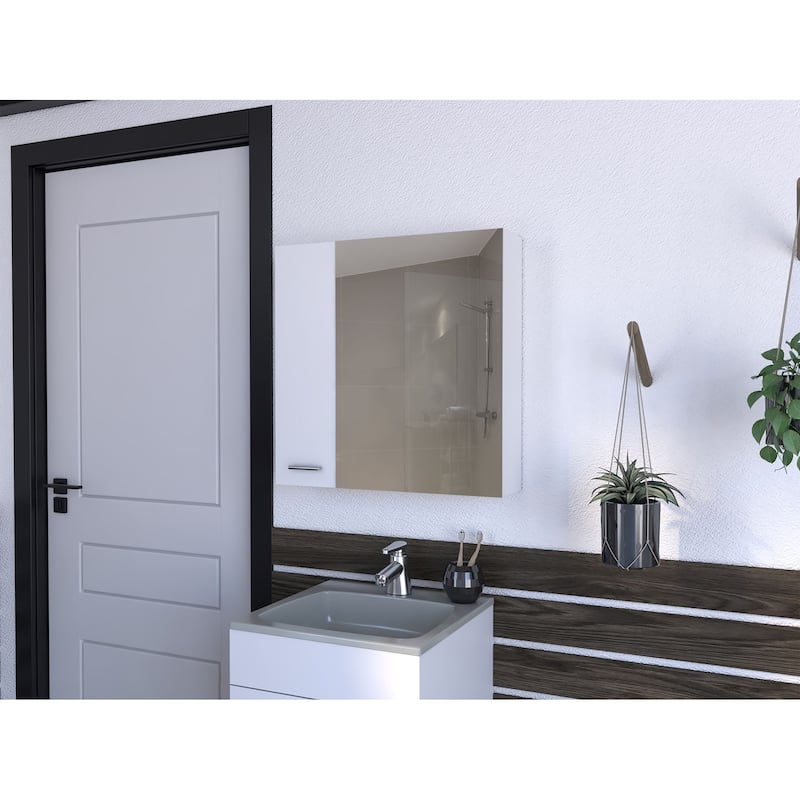 Prague 23.6" W x 23.6" H Mirror Medicine Cabinet, Single Door with 4 Interior Shelves for Bathroom Storage - 23.6X5.8 in - White + Particle Board