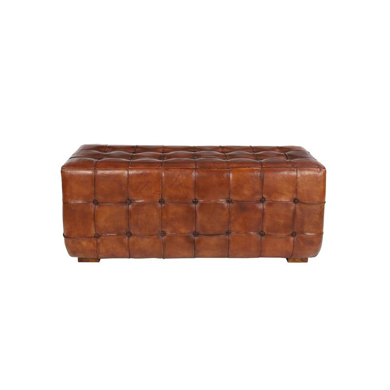 Brown Leather Tufted Upholstered Home Bench with Block Feet