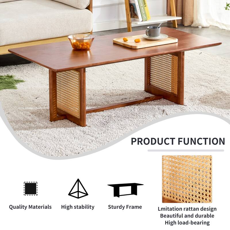 Solid Wood Coffee Table with Rattan Design in Walnut for Small Living Room, Chinese Style Rectangular Tea Table