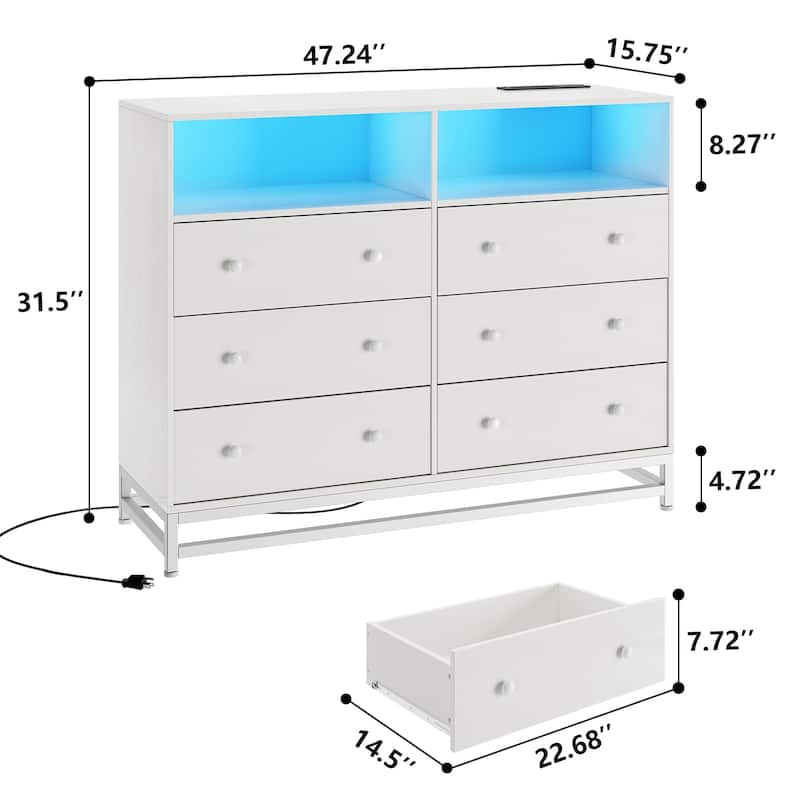 6 Drawer Dresser with LED Lights Modern Large Capacity Storage Cabinet