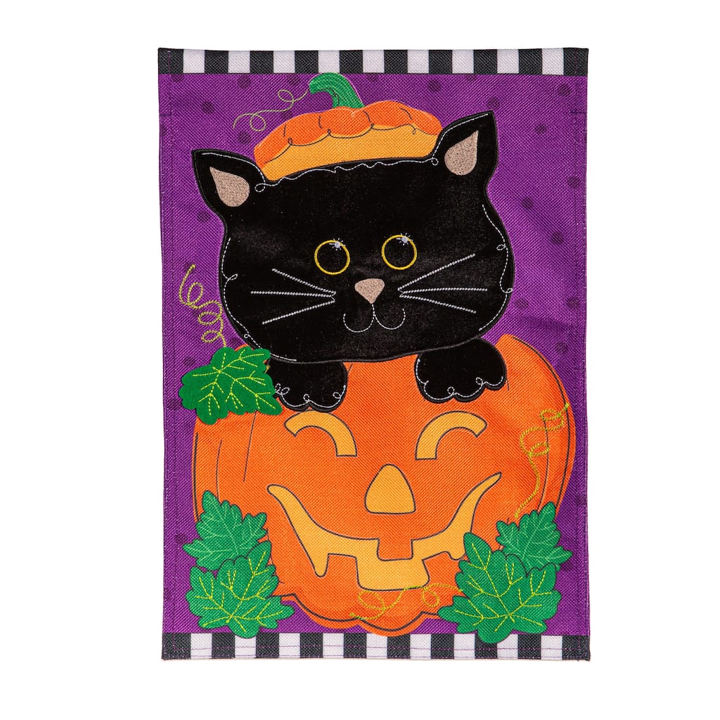 Jack O'Lantern & Black Cat Burlap Garden Flag