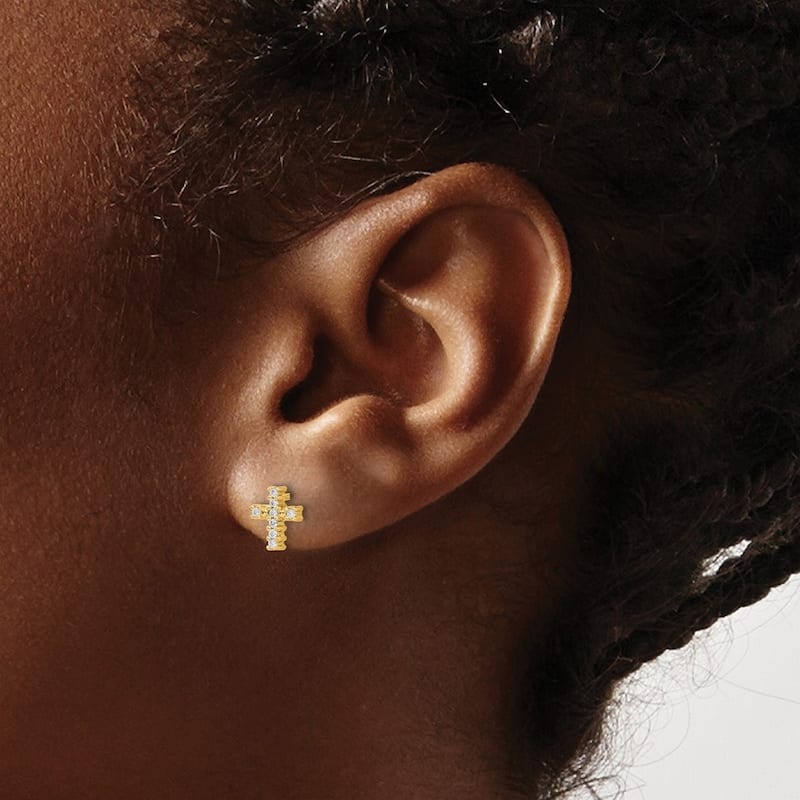 Curata 14k Gold Polished Diamond Religious Faith Cross Post Earrings - 8x6mm Wide