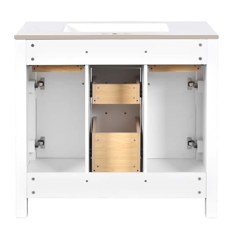 Roomfitters 36" Vanity with Ceramic Sink, Solid Wood Freestanding Cabinet with 4 Drawers and 2 Doors, Storage Unit for Bathroom