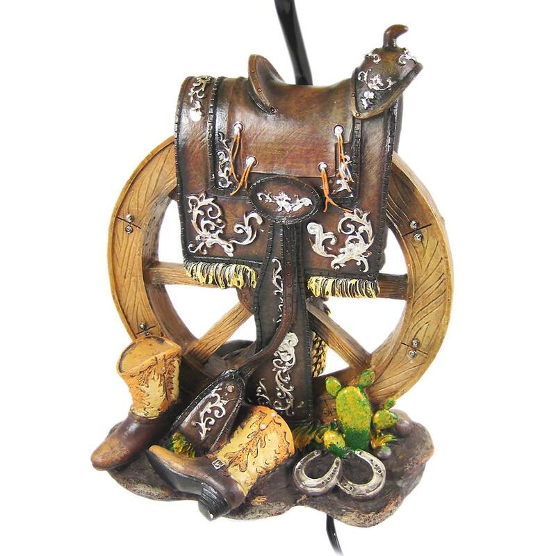 Zeckos Western Saddle Table Lamp With Cowboy Print Shade Bedroom Decor - 18 X 12 X 12 inches