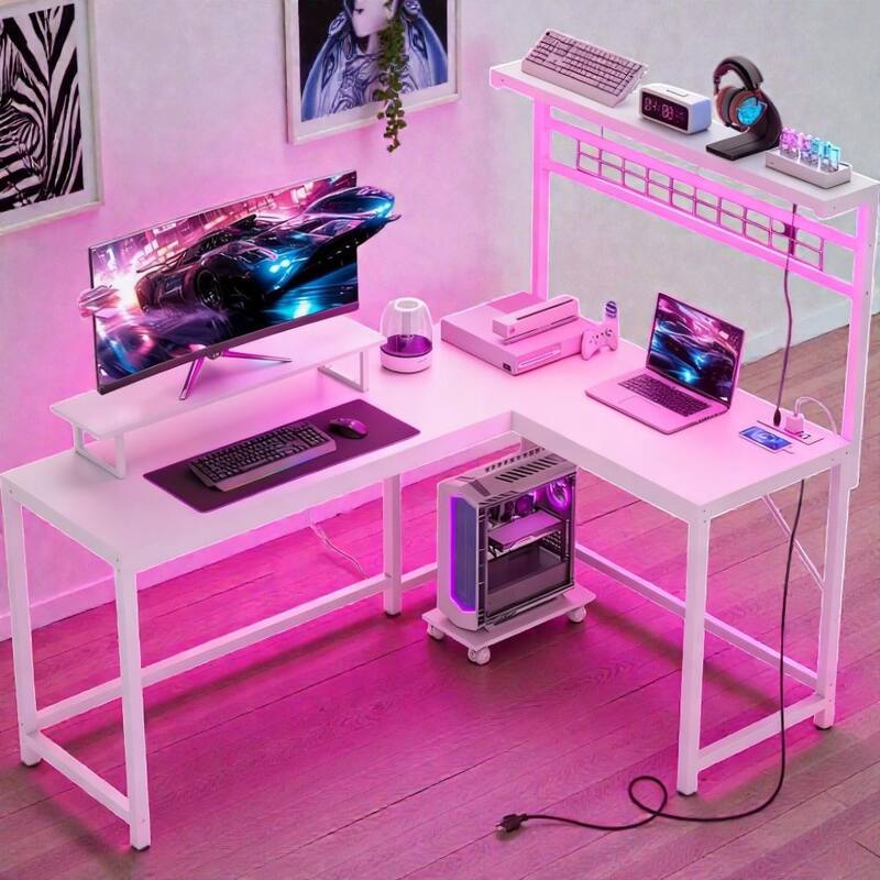 L Shaped Gaming Desk with LED Lights and Power Outlets, Computer Desk with Monitor Stand and CPU Shelf