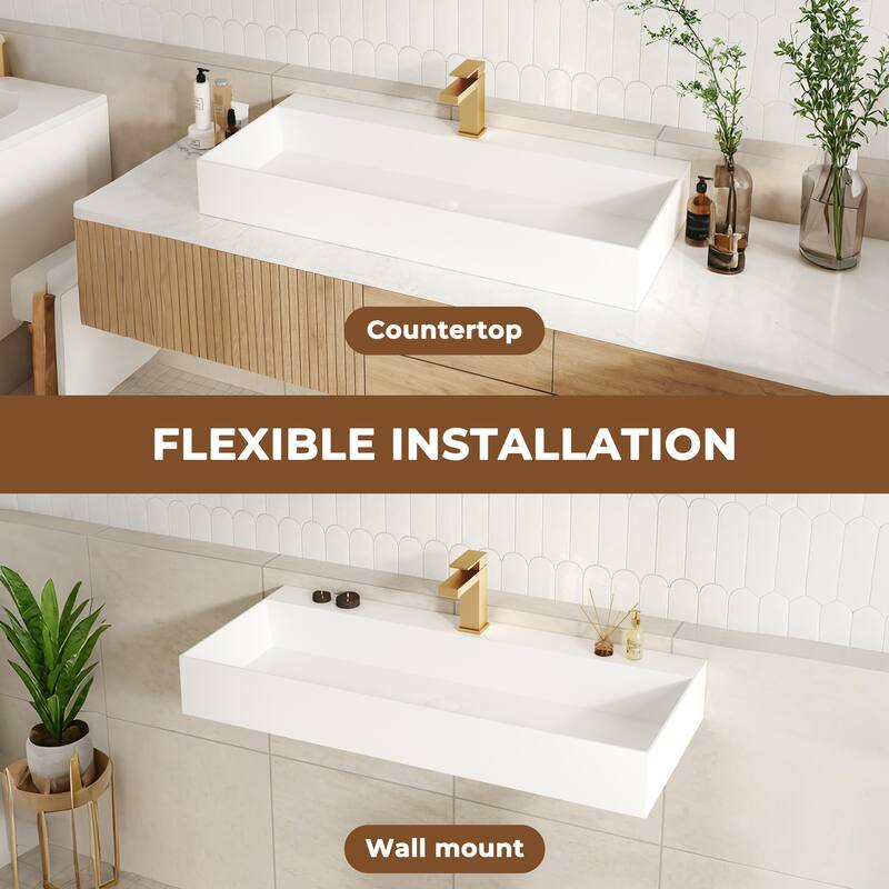 Solid Surface Wall-Mounted Rectangular Bathroom Sink with Pop-Up Drain, Modern Floating Wash Basin with Center Drain