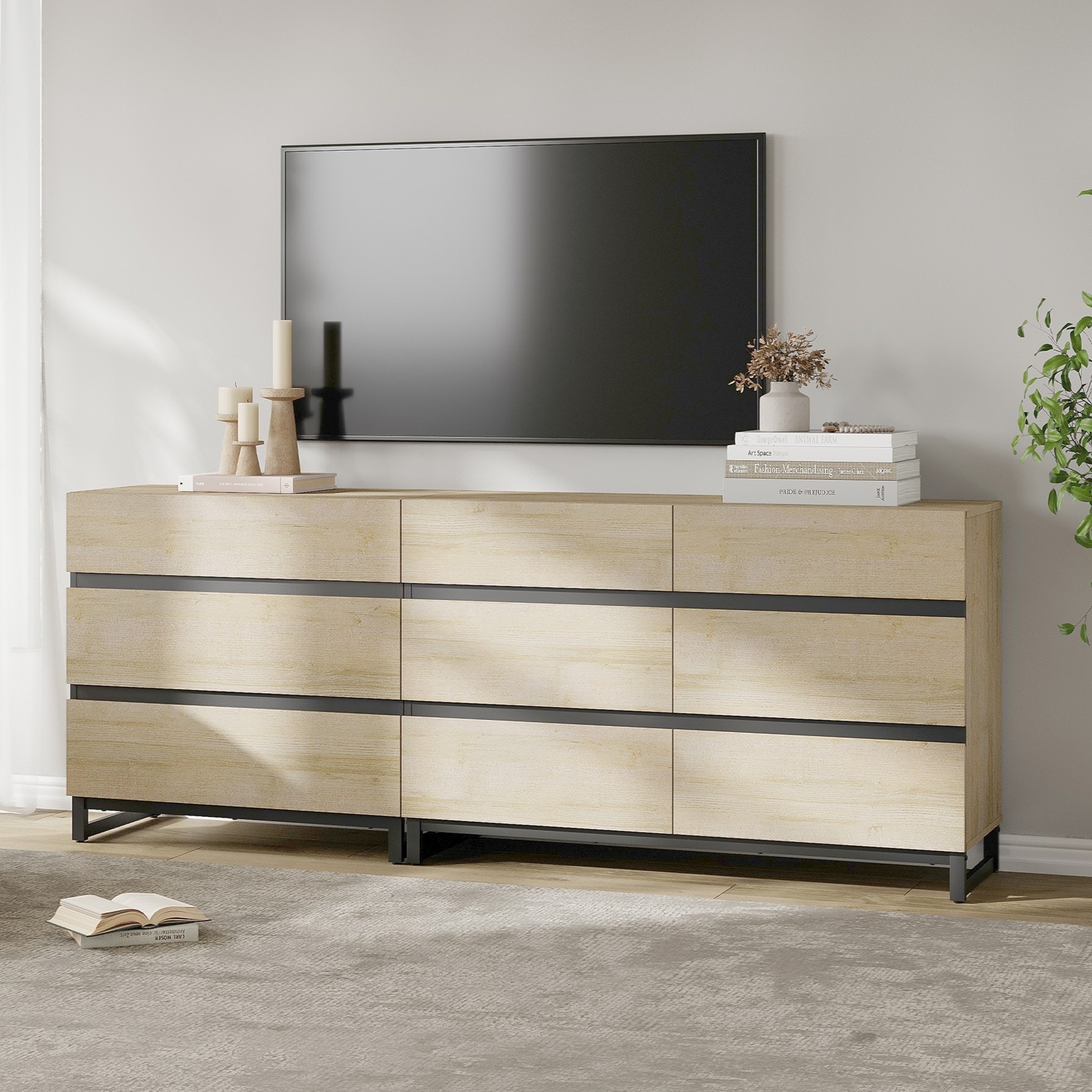 Modern TV Stand for TVs up to 90 inches, 2 in 1 TV Console with 9 Drawers, Media Console for Living Room, Bedroom