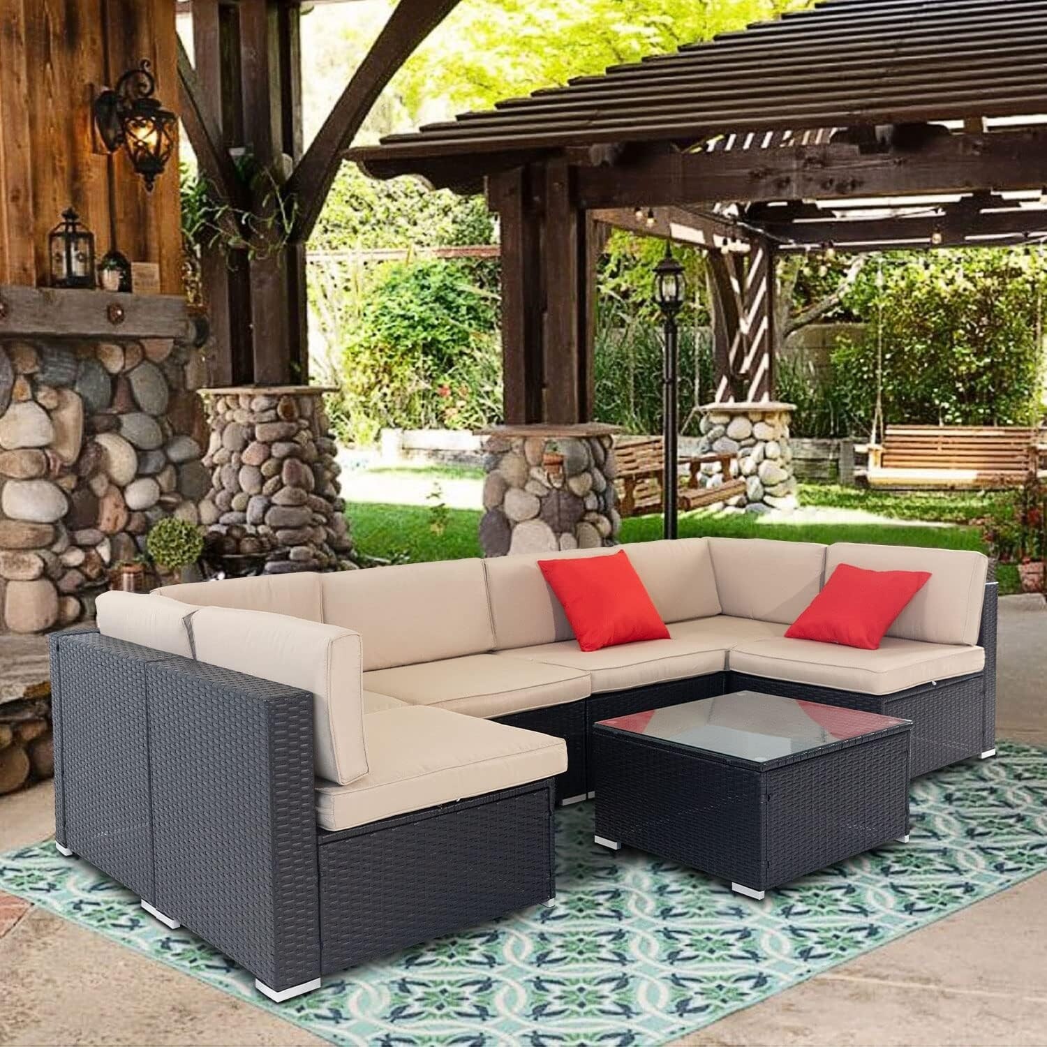 Outdoor 7 piece Patio Furniture Black Wicker Rattan Sectional Sofa