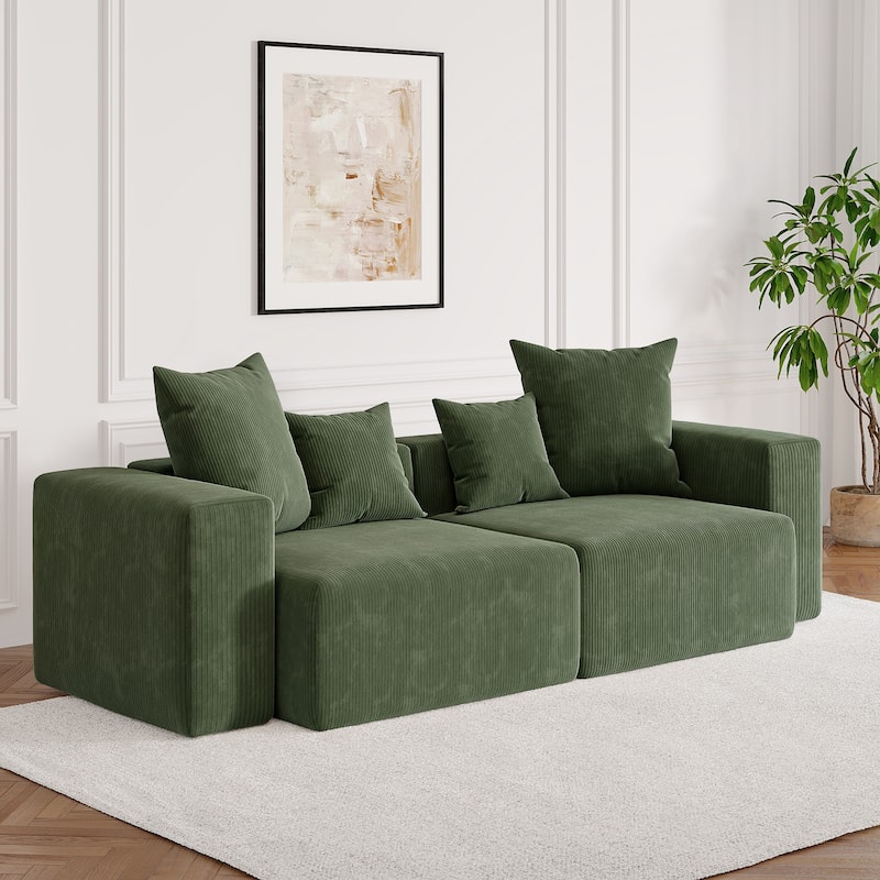 Corduroy Upholstered Modular Sectional Sofa with Ottoman - Green-2 piece - Symmetrical
